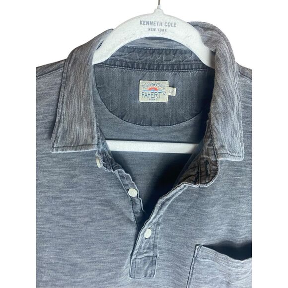 Faherty Gray Indigo Dyed Polo Henley Shirt Men’s Large Cotton Pocket Casual Soft - Picture 2 of 5